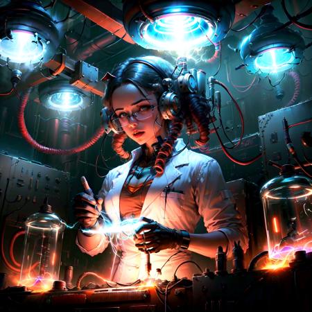 <lora:TeslaPunkAInew:.9> TeslaPunkAI female scientist experiments in lab, tesla coils