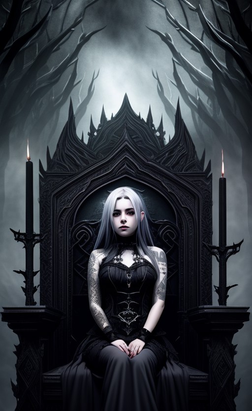 dark fantasy theme, mystical, zoomed, Dark theme, underworld theme, deviant art masterpiece, a pale girl on a dark throne,...