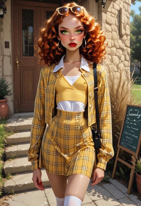 college setting, outdoors, entrance, steps, grass, coffee stand, sunny day, detailed, sharp focus, beautiful, solo, 1 girl, Sandy, freckles, curly hair, long ginger hair, makeup, red lipstick, eye shadow, hoop earrings, green eyes, looking at viewer, lips slightly parted, tight waist, freckles on shoulder and chest, tiny breasts, shy, cute, skinny, petite, delicate,   fierce expression, sunglasses on head, yellow plaid jacket, yellow plaid skirt, white collared shirt, white kneehighs, yellow vest, high heels, satchel over shoulder