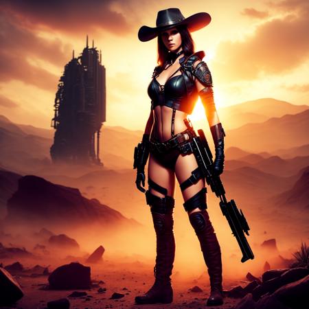 an attractive woman [gunslinger:bounty hunter:0.4] standing in a apocalyptic wilderness (ecocomputer style:1) <lora:djzEcoComputer_LB2:0.8>