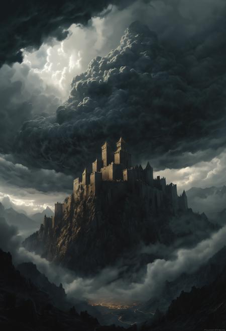 A beautiful rendition of a dark and foreboding fortress in the mountains, (dark cumulus clouds:1.4), dramatic composition, cinematic, concept art, golden ratio, matte painting, Luis Royo, Gerald Brom, Boris Vallejo, artstation, 8k, high resolution, (masterpiece:1.2), best quality