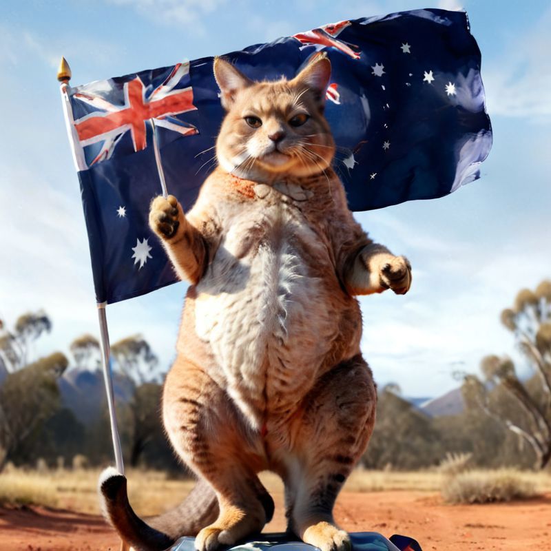 A Fat Cat Posing with a Flag in the Desert.