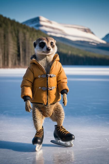 A anthropomorphic meerkat wearing a thick down jacket and (ice skates),  skating on a frozen lake,  Norwegian forests in the background,  early morning,  cold lighting,  highly detailed,  Fujifilm XT-4,<lora:EMS-57135-EMS:0.600000>