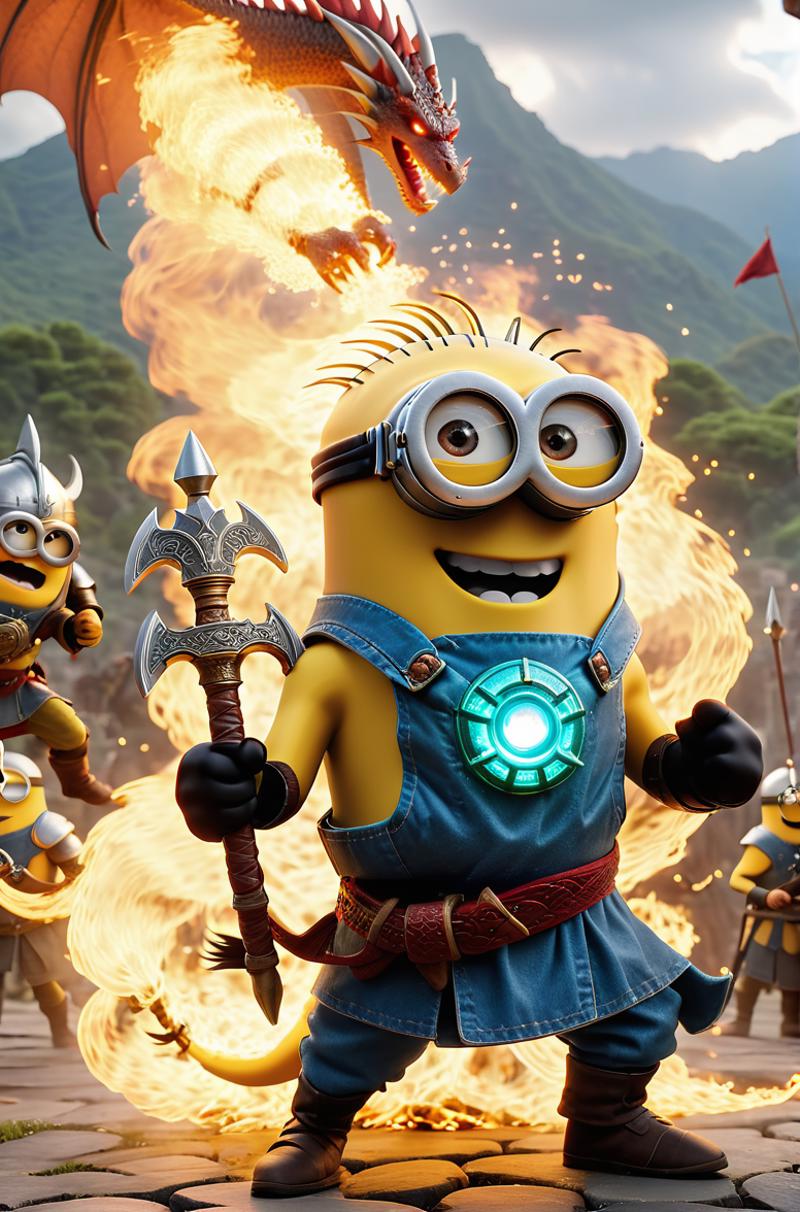 Animated Minion Character Posing with a Giant Ax and Smiling, with Fire in the Background