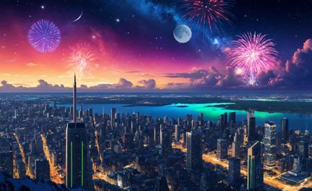 anime artwork <lora:Aurora-1:1>,aurora-1,space,aurora,night,night sky,sky,star \(sky\),starry \(sky\),shooting star,galaxy,milky way,city lights,moon,fireworks,city,planet,light particles,cityscape,cloud,snowing,skyline,skyscarper,constellation,scenery,, masterpiece, best quality, prompt . . anime style, key visual, vibrant, studio anime,  highly detailed