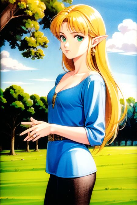 takada akemi, princess zelda,

1girl, bangs, blonde hair, breasts, bridal gauntlets, closed mouth, expressionless, from side, green eyes, highres, jewelry, long hair, long sleeves, nintendo, outdoors, pointy ears, ring, small breasts, solo, standing, the legend of zelda, tree, triforce print, upper body, blue shirt and black pants

1980s \(style\), painting \(medium\), retro artstyle, watercolor \(medium\),

<lora:takada_akemi_offset:1> <lora:princess_zelda:0.5>