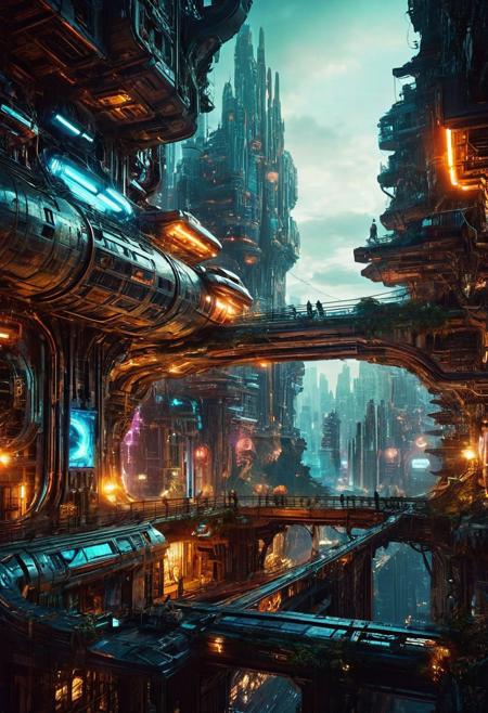 Visualize a futuristic tube, beautifull city, the mystical light, professional photography, symbolizing online community in the style of incorporate elements that evoke a sense of magic, building with a large spaceship complex, elegant, expansive, fantastical, film photography style, heavy grain
