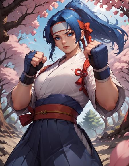 kasumidg, blue hair, ponytail, blue eyes, blue hakama, dougi, headband, fingerless gloves, japanese clothes,