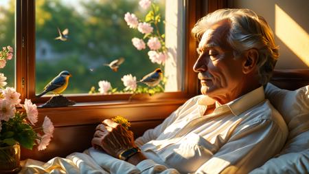 an elderly man peacefully lying in bed,(warm soft sunlight streaming through the window),(birds sitting on the windowsill),quiet and serene room,delicate flowers on the bedside table,closed eyes,the man's face showing peace,calm,and contentment,soft lighting,golden sunlight,cozy atmosphere,gentle shadows,a sense of love and respect in the air,calm expression,gentle wrinkles,relaxed posture,soft bed linens,peaceful morning light,the beauty of life's final moments,warm tones,harmonious composition,nature outside the window,birds chirping softly,a sense of completion and fulfillment,(masterpiece:2),(best quality:1.1),ultra highres,original,extremely detailed,perfect lighting,<lora:MJ52_v2.0:0.5>,<lora:xl_more_art-full_v1:0.8>,<lora:detailed_notrigger:1>,