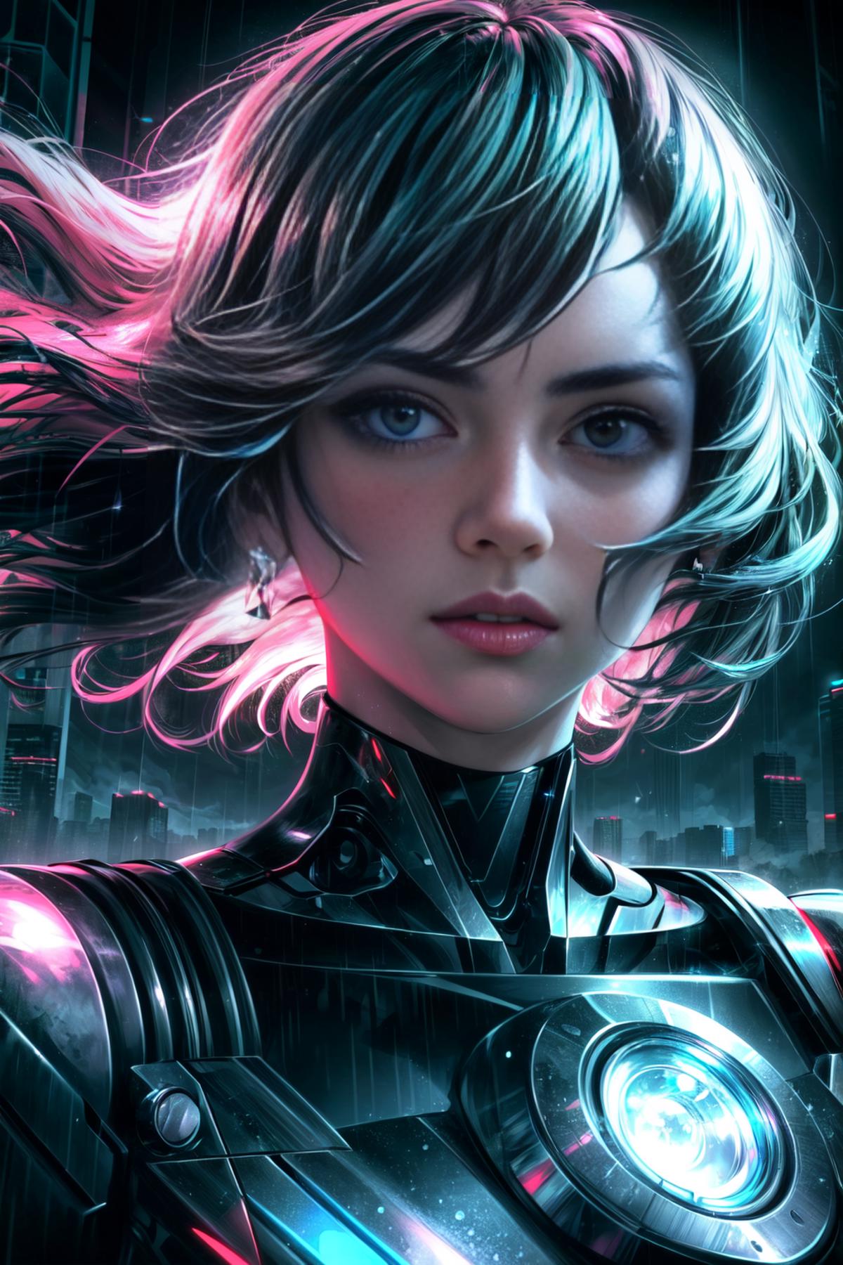 A beautiful, blue-eyed woman with a robotic arm and a futuristic cityscape in the background.