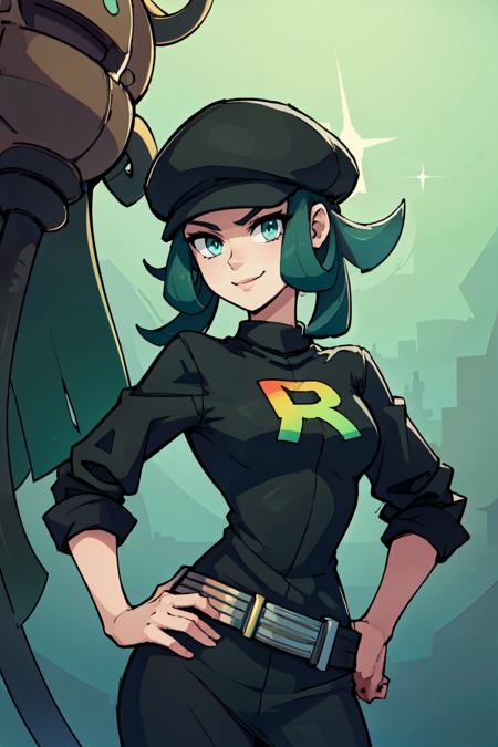 zzRocketGrunt, green eyes, green hair, short hair,   zzRocketGrunt, green eyes, green hair, short hair, black hat, black shirt, black skirt, grey belt, 