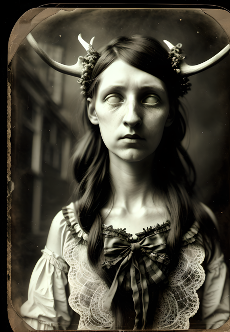 tintype photograph of a young woman with antlers in an abandoned house