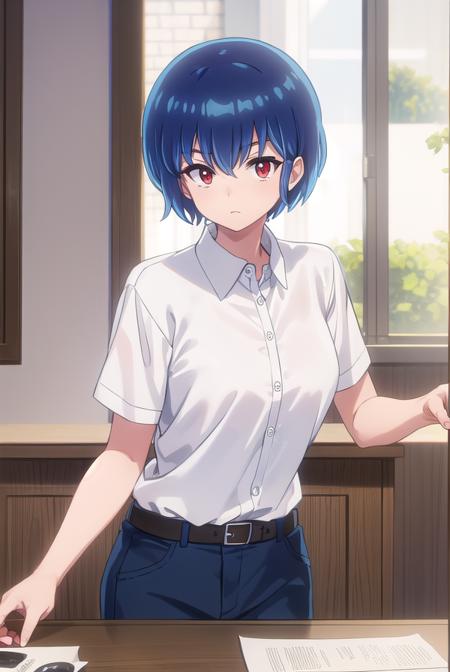 ryuunosukefujinami, <lora:ryuunosuke fujinami s1-lora-nochekaiser:1>,
ryuunosuke fujinami, short hair, blue hair, (red eyes:1.2), 
BREAK shirt, school uniform, (white shirt:1.5), short sleeves, collared shirt, belt, pants,
BREAK indoors, classroom,
BREAK looking at viewer, (cowboy shot:1.5),
BREAK <lyco:GoodHands-beta2:1>, (masterpiece:1.2), best quality, high resolution, unity 8k wallpaper, (illustration:0.8), (beautiful detailed eyes:1.6), extremely detailed face, perfect lighting, extremely detailed CG, (perfect hands, perfect anatomy),