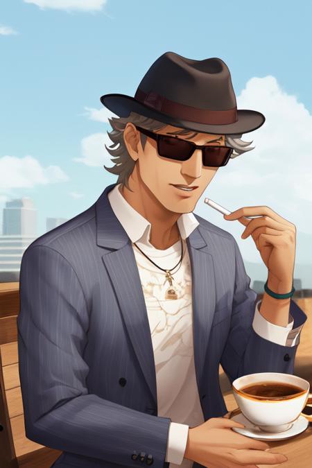 best quality, masterpiece, <lora:SMTDoiStyle:0.75>SMTDoiStyle, 1boy, hat, cup, grey hair, sunglasses, teacup, coffee, suit, upper body, holding, necklace, cigarette, cafe,