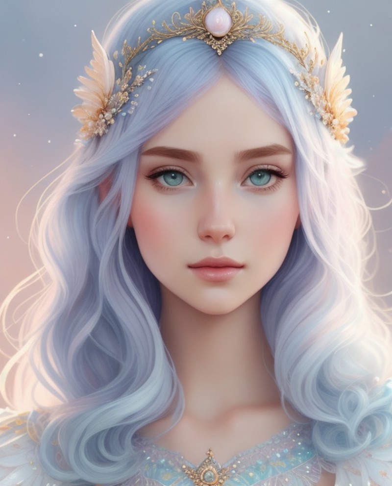 Princess girl with wing, Blue, Pastel, glitter, dramatic, dreamy, pastel, Watercolor, Whimsical, Delicate, seashell crown,...