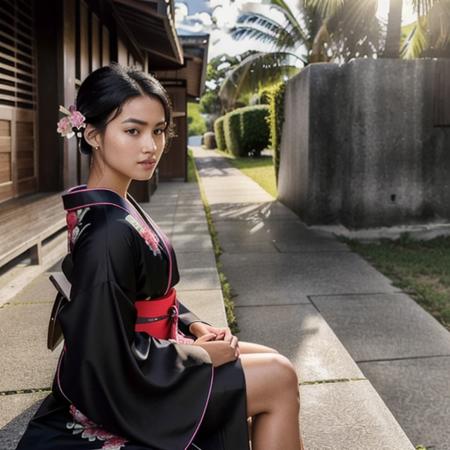 hyperrealism, detailed real 8k photo of a ((20 year-old woman, adult)), A-line haircut, Black hair, ((Melanesian, Kimono, __clothing female_legs__)), Apple-shaped body, Looking over the shoulder pose, sitting on stairs, outside, cinematic lighting, HDR, romantic,