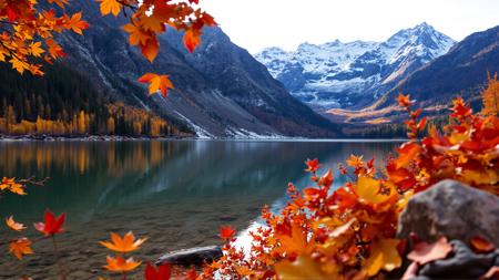 lake, autumn in close, mountains with snow picks in far, best HDR photo, good sharpness