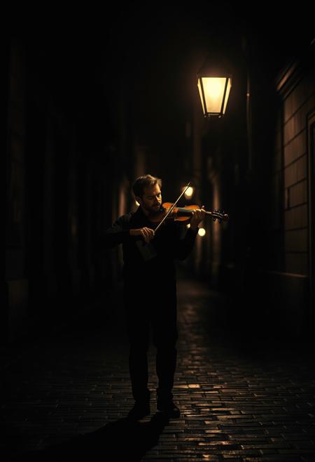 A striking black-dominant image of a lone violinist playing beneath a dim streetlamp on a quiet cobblestone street, dramatic shadows cast across the wet pavement, emotional intensity in his expression, strong contrast between soft ambient light and deep blacks, cinematic storytelling realism, fine grain texture
