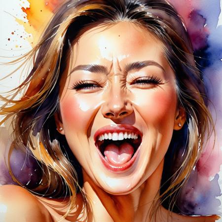 watercolor painting by (anatoly metlan, chung shek), closeup of a face of a happy woman having the ultimate orgasm; violent climax, urgent release of tension