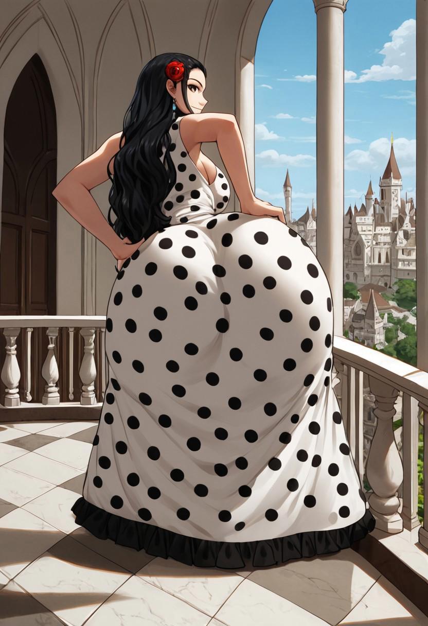 score_9, score_8_up, source_anime  BREAK solo, looking at viewer, cowboy shot,
<lora:ViolaPdxlDwnsty-000008:1>, violaop, brown eyes, black hair, long hair, hair slicked back, full body,earrings, hair flower, polka dot dress, sleeveless dress, frilled dress, jewelry, 
smile, curvy, large breasts, sideboob, skindentation, hands on own hips, gigantic ass, gigantic hips,from behind, leaning forward, ass focus, arched back, bent over, 
indoors, palace, floor, marble \(stone\), reflection, cinematic lightning, balcony, blue sky,