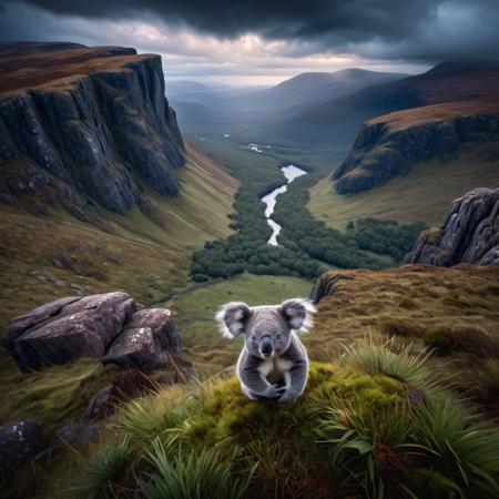 moody lighting,rugged beauty of the Scottish Highlands is a paradise for outdoor enthusiasts, with hiking, climbing, and wildlife watching,Koala,overhead angle,(highly detailed masterpiece Realistic extremely hyper aesthetic trending on artstation),ethereal fantasy concept art magnificent celestial ethereal painterly epic majestic magical fantasy art cover art dreamy,Nikon d3300,Hyperrealistic art Extremely high-resolution details photographic realism pushed to extreme fine texture incredibly lifelike