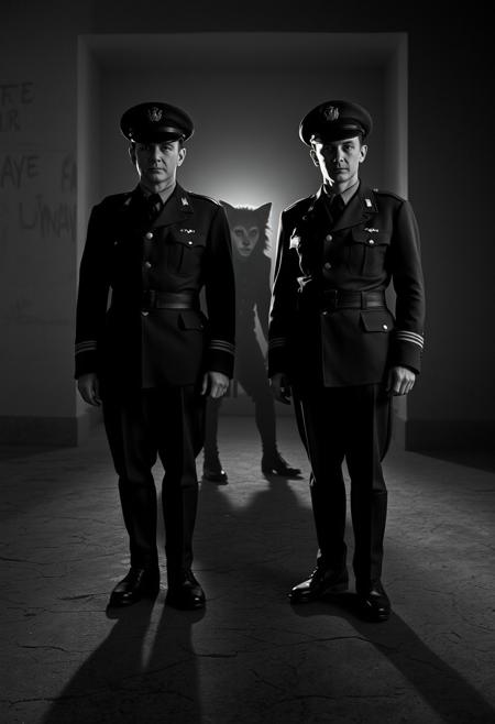 two military officers, vintage uniforms, black and white, dramatic lighting, surreal, werewolf shadow, cracked concrete floor, eerie atmosphere, authoritarian aesthetic, hidden identity, 1940s style, high contrast photography, cinematic composition, atmospheric realism, cinematic compositions, intricate lighting, neo-futurism, classical portraiture, impressionistic cityscapes, rich color palettes, moody contrasts, hyper-detailed environments, surreal yet grounded storytelling, soft painterly textures, visionary world-building, historical depth, futuristic elegance, dynamic perspectives