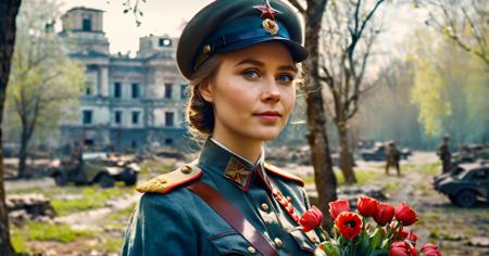 cinematic still portrait of beautiful Soviet Soldier girl holding flowers, WWII, Intricately Designed Soviet military uniform, NKVD, ultra-realistic body, soft lighting, foggy morning, spring blossom trees, city ruins, waist up, big blue eyes, freckles, 8K, cinematic lighting, god rays, watercolor style illustration, subtle halftones, spring morning atmosphere, high budget cinematic shot, war movie shot . emotional, harmonious, vignette, 4k epic detailed, shot on kodak, 35mm photo, sharp focus, high budget, cinemascope, moody, epic, gorgeous, film grain, grainy, Volumetric Lighting, portrait of beautiful Soviet Soldier girl holding flowers, WWII, Intricately Designed Soviet military uniform, NKVD, ultra-realistic body, soft lighting, foggy morning, spring blossom trees, city ruins, waist up, big blue eyes, freckles, 8K, cinematic lighting, god rays, watercolor style illustration, subtle halftones, spring morning atmosphere, high budget cinematic shot, war movie shot, light depth, dramatic atmospheric lighting, Volumetric Lighting, Watercolor style painting, portrait of beautiful Soviet Soldier girl holding flowers, WWII, Intricately Designed Soviet military uniform, NKVD, ultra-realistic body, soft lighting, foggy morning, spring blossom trees, city ruins, waist up, big blue eyes, freckles, 8K, cinematic lighting, god rays, watercolor style illustration, subtle halftones, spring morning atmosphere, high budget cinematic shot, war movie shot, visible paper texture, colorwash, watercolor, portrait of beautiful Soviet Soldier girl holding flowers, WWII, Intricately Designed Soviet military uniform, NKVD, ultra-realistic body, soft lighting, foggy morning, spring blossom trees, city ruins, waist up, big blue eyes, freckles, 8K, cinematic lighting, god rays, watercolor style illustration, subtle halftones, spring morning atmosphere, high budget cinematic shot, war movie shot, great composition, dynamic dramatic detail, highly detailed, rich bright colors, aesthetic, very inspirational, inviting, vibrant, artistic, fine, innocent, inspiring, pretty, attractive, smart, full color, epic, cool, creative, positive, cheerful, friendly, determined, reliable, generous, alive, intricate background