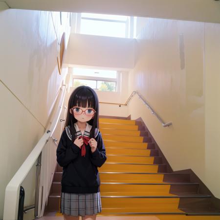 best quality, ultra-detailed, illustration,
kaidan, stairs, scenery, window, railing, industrial pipe, door, day, indoors, sunlight, shadow, school, outdoors, hallway, 
1girl, glasses, black hair, long hair, black eyes, school uniform, blush, looking at viewer, standing,
 <lora:Kaidan_school_SD15_V4:1>