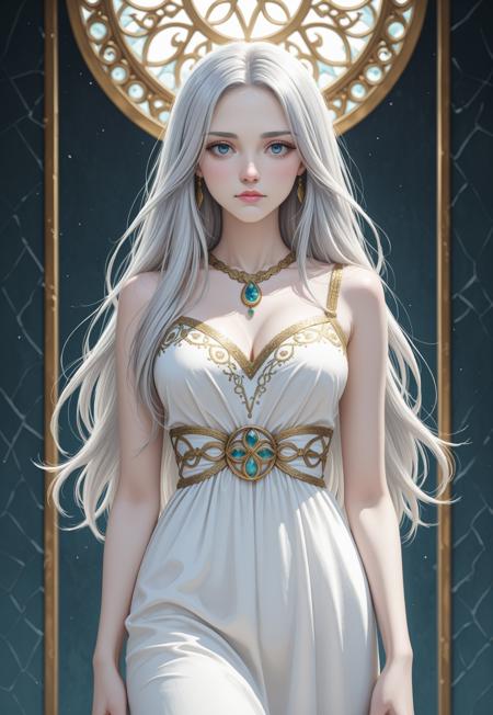 A Celtic goddess Danu. Long silver hair. White skin. Blue eyes. Thin eyebrows. Straight nose. Pink lips. Wears white dress with gold embroidery. Stands by sacred spring. Holds Lia Fáil stone.
(Celtic goddess Danu, white dress with stone)
((half body view)), (((cowboy_shot)))