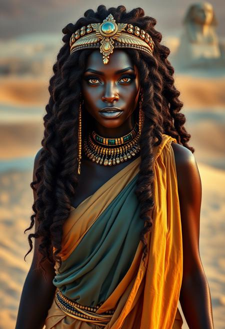 Photography, black woman pharaoh Cleopatra, richly dressed in silks, walking on desert sand, jewelry design,bernini, macro lens, ancient egyptian,sphinx, black woman, desert background, hazel eyes, ultra realistic and detailed, reflection eyes ultra realistic, skin perfect, with vibrant meticulously detailed intricate long curly glowing and flowing hair, Fantasy, Beautifully lit, Beautiful lighting, lovely colors, Intricate details, fineart, max details, Ultra realistic, photo realism, Perfect anatomy, precise features, ((boobs)), (((thick hips))), ((dreadlocks))