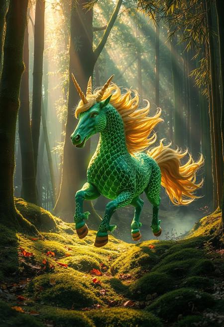A majestic Kirin, a mythical creature from Japanese folklore, running gracefully through a dense, mystical Japanese forest. The Kirin has a golden mane, shimmering emerald-green scales, and intricate luminous patterns glowing softly across its body. The forest is alive with tall moss-covered trees, delicate bamboo groves, and a serene mist hanging in the air. Sunbeams pierce through the thick canopy, casting dappled light onto the forest floor covered in soft moss and scattered autumn leaves. The scene is vibrant, ethereal, and magical, emphasizing motion, elegance, and the 
mythical aura of the Kirin.