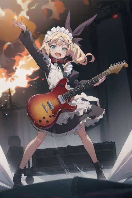 1girl, ochihayu, smile, open mouth, 
hair ribboon, black ribbon, 
maid, maid apron, maid headdress, collar, red collar, holding guitar, full body, 
outdoors, on stage, wave one's hand, explosion on background, spotlight
 <lora:Fruittart_HayuNukui-v04:1>