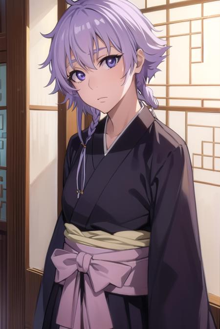 isanekotetsu, <lyco:isanekotetsu-lyco-nochekaiser:1>,
isane kotetsu, short hair, braid, purple hair, (purple eyes:1.1), hair braid,
BREAK long sleeves, japanese clothes, kimono, haori, black kimono, hakama, black hakama,
BREAK indoors,
BREAK looking at viewer, (cowboy shot:1.5),
BREAK <lyco:GoodHands-beta2:1>, (masterpiece:1.2), best quality, high resolution, unity 8k wallpaper, (illustration:0.8), (beautiful detailed eyes:1.6), extremely detailed face, perfect lighting, extremely detailed CG, (perfect hands, perfect anatomy),