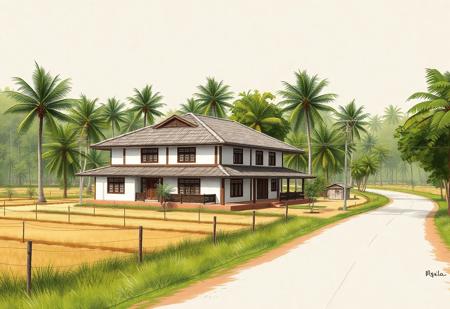 (Ultra-realistic, 32k, Masterpiece, High Quality, Detailed Realistic Background, Official Art, Realistic Lighting, filmfotos).
Sketch design, illustrator art, hyper detail architecture design sketch.
Japandi house, two stories farmhouse, Nearby farmland and garden. Direction connected road. Surrounded by Tropical trees.
60% Primary: Dusty Gray, Taupe.
30% Secondary: Lime Green, Dark Green, Saddle Brown.
10% Accent: Light Salmon, Pale Cyan, Brick Red.