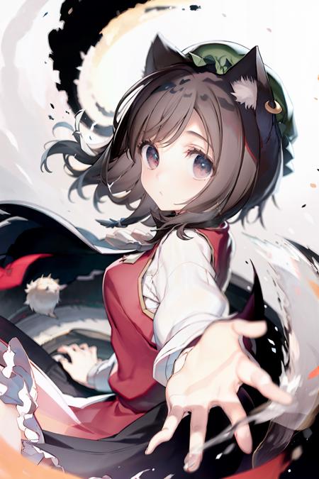 masterpiece, best quality,  <lora:chen:1>,1girl, chen,brown hair,short hair, mob cap, animal ears, earrings, tail,red dress,bow,tail