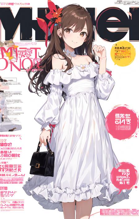 (magazine cover:1.4),1girl,solo,extremely detailed CG unity 8k wallpaper,illustration,lens 135mm,masterpiece, best quality,young girl,naughty face,aquagradient eyes,(white background:1.5),simple background,straight-on,full body,long dress,flower dress,brown_hair,Long hair,Hair bow,brown eyes,handbag,Light smile,off-shoulder,masterpiece, best quality,, masterpiece, best quality,, masterpiece, best quality,