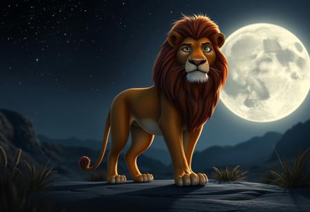 A majestic Pixar-style lion stands proudly in a moonlit night landscape. The camera frames the lion's regal pose against a serene, star-studded sky with a full moon casting a silver glow on the surrounding terrain. Soft, gentle lighting accentuates the lion's fur, while the dark shadows beneath its paws and around its eyes create depth.