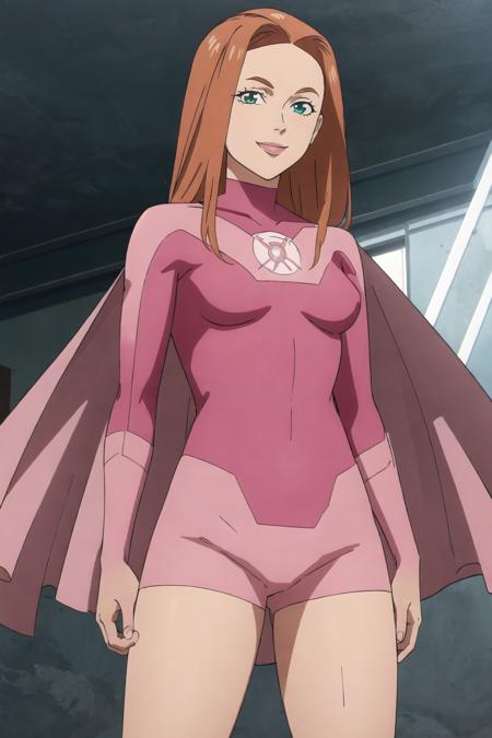 solo, 1girl, evedef, pink bodysuit, cape, superhero, medium breasts, smile, cowboy shot, bare legs, looking at viewer