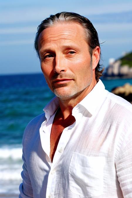 RAW photo, a close-up photo of mads65 wearing a white linen shirt, the background is a beach, (high detailed skin:1.2), 8k UHD, DSLR, soft lighting, high quality, film grain, Fujifilm XT3