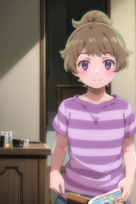 haruka yasaka, short hair, brown hair, (purple eyes:1.1), ponytail, shirt, short sleeves, striped, pants, striped shirt,