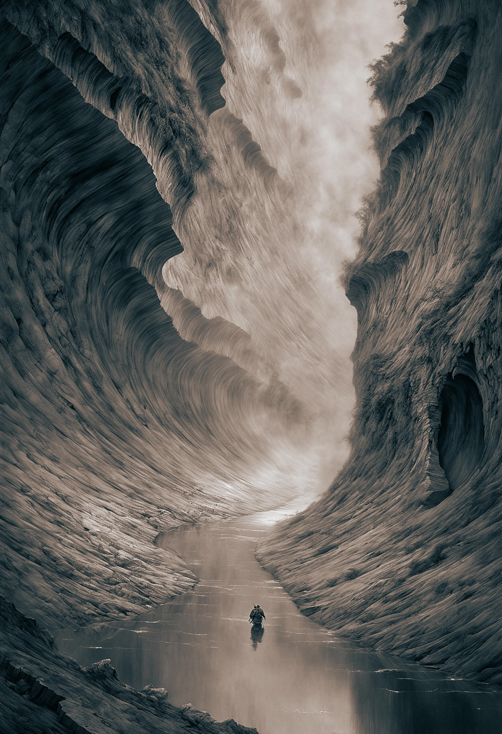 A person riding a surfboard on a massive wave in black and white.