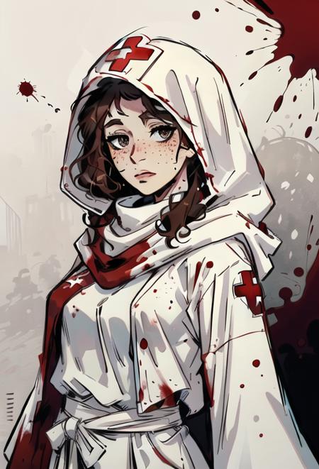 sfw comic style drawing of a girl with ((freckles)) and curly brown hair wearing a white robe with a large hood with a red cross on it and a white scarf,  <lora:Amy:0.5>, blood spatter in background