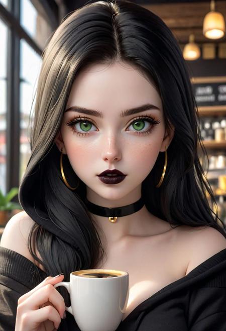 (1girl, solo, masterpiece, 8k, HDR,),  pretty girl, (pale white skin:1.2), freckles, blushing, black long hair, green eyes, seductive eyes, thick black eyelashes, black lipstick, black eyeliner, dark eyeshadow, golden choker, golden earing, small breasts, tight waist, slim, big hips, large round ass, bare shoulders, feminine body, cute, looking at the viewer, character concept art of a beautiful woman drinking coffee, black oversize hoodie, upper body focus, close up, seductive, coffee shop background