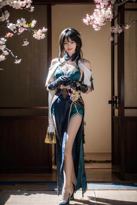 best quality, masterpiece, photorealistic, 1girl, solo, standing, full body, looking at viewer, smile, closed mouth, bangs, hair between eyes, ruanmei cosplay costume, china dress, chinese clothes, cosplay, ruanmei, dress, gloves, elbow gloves, hair ornament, jewelry, high heels, chinese garden, tree, flower, plum blossom, <lora:starrail_Ruanmei_cosplay_v1:0.7>