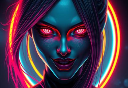 A gorgeous woman with a luminous digital aura lighting up the darkness, the ethereal figure of a digital painting evocative of a distorted human figure with vibrant neon eyes, (glowing eyes:1.1), heart shaped face, macabre appearance and a cunning smile. Vibrant hair. This stunning image is a digital painting, meticulously created with vibrant colors and striking details. Her sleek, futuristic design exudes a sense of otherworldly beauty, with glowing neon accents that seem to pulse with energy. Every pixel is carefully rendered, capturing the character's mysterious and alluring presence in exquisite detail. This mesmerizing image invites viewers to get lost in a dreamlike realm of imagination and technology. ((glowing neon lipstick)), masterpiece, highly detailed, harmonious colors, ((half body angle:1.5))
