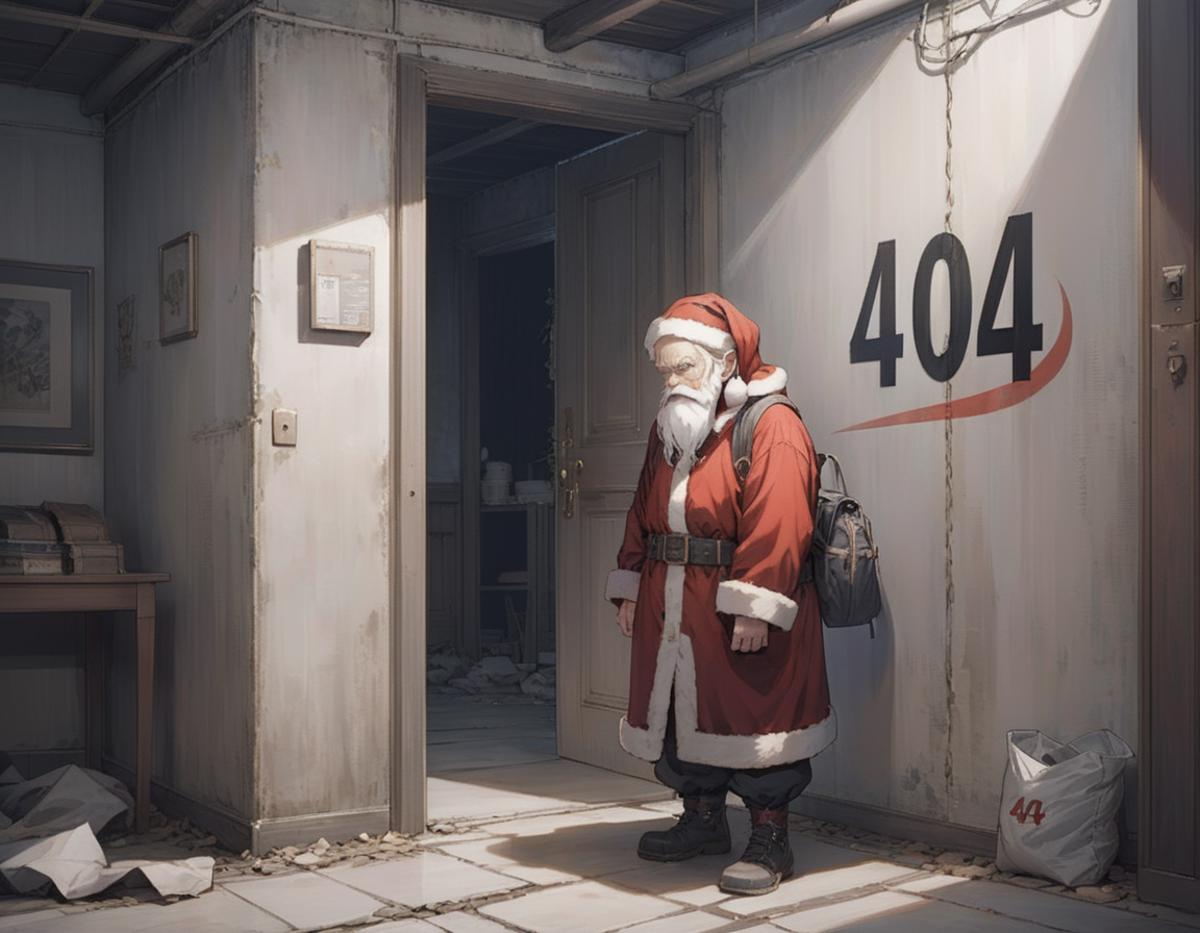 A Santa Claus figurine standing in front of a door with the number 404 on it.