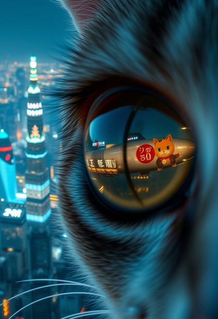 extreme close up portrait of a cat's eye reflecting the a futuristic Tokyo skyline at night from a very high level, the skyline is with futuristic skyscrapers and futuristic transports and futuristic aircraft and spaceships in a variety shapes and sizes, the airships covered with lights and advertisements in Japanese,  reflecting in the cat's eye is a huge airship that has an advertisement with a Japanese cat on the side, the cat's eye has takes up 85% of the image
