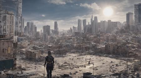 girl look at a dystopic and futurist city in year 3150, sunlight, highly detailed, highly detailed