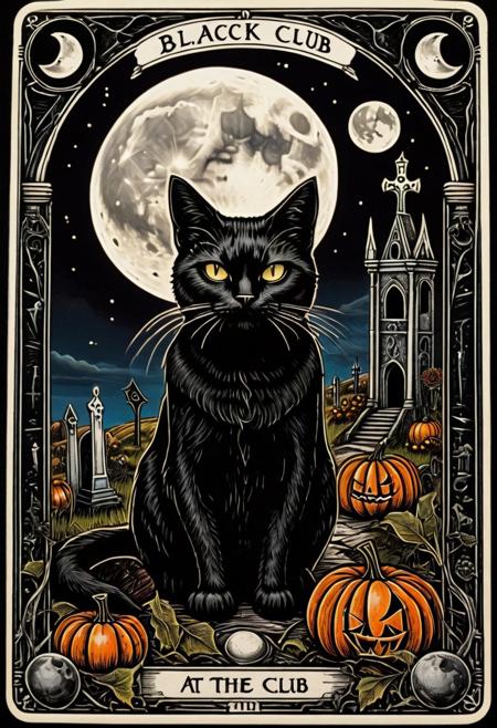tarot_card Tarot card with the text:"Black Cat Club" at the top. text:"Halloween" at the bottom. a stern-looking Halloween cat with pumpkins and a spell book. gothic graveyard and spooky building in the background. Black sky with a bright moon. bat in front of the moon. . tarot_card, front perspective, flat, frame, white border