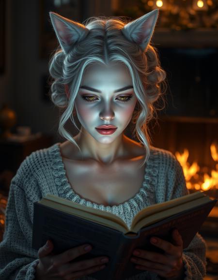 cinematic style, beauty, realism, photorealism, chiaroscuro, high quality, 1girl, pale dusky blue skin, facial markings like whiskers, white cat ears and a white cat tail, pronounced fangs, white hair in two large ringlets, a female miqote with a petite build, bright yellow eyes, cinematic photo cinematic photo a wholesome, introverted woman in her late 20s reading a book by a cozy fireplace, her natural face illuminated by the warm glow of the flames. 35mm photograph, film, bokeh, professional, 4k, highly detailed